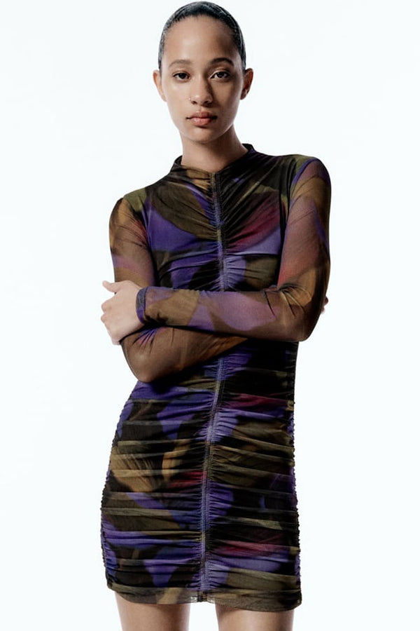 Stylish Printed Long Sleeve Mesh Ruched Bodycon Party Mini Dress - Purple
