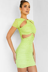Stylish Short Sleeve Bodycon Ruched Cutout Club Mini Dress - Green