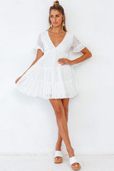 Sweet Broderie Anglaise V Neck Mini Babydoll Dress - White