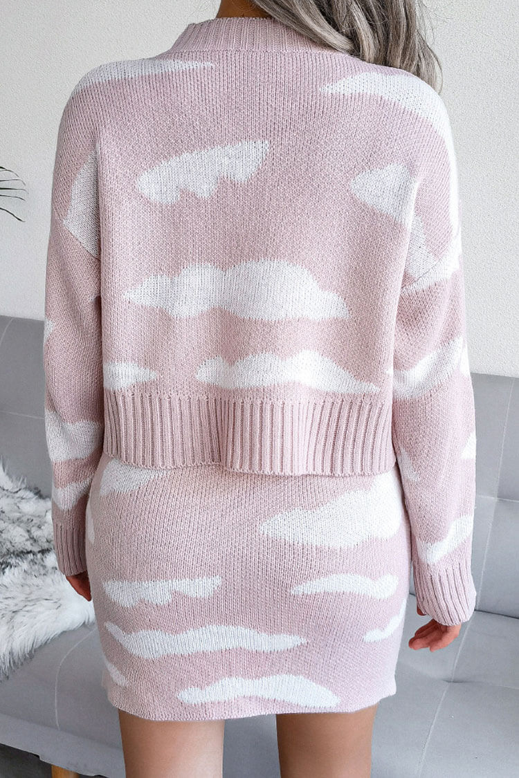 Sweet Contrast Could Knit Cropped Sweater Mini Skirt Two Piece Dress - Pink