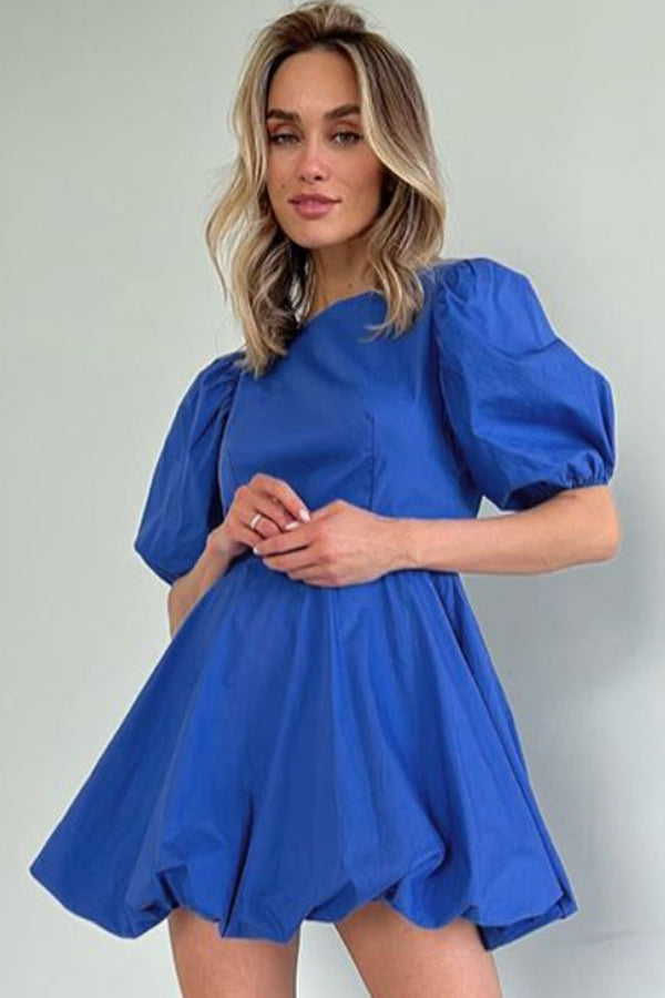 Sweet Round Neck Puff Sleeve Fit and Flare Backless Mini Dress - Blue