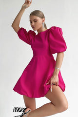 Sweet Round Neck Puff Sleeve Fit and Flare Backless Mini Dress - Hot Pink