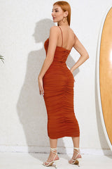 Sweetheart Neck Ruched Midi Cocktail Party Dress - Rust