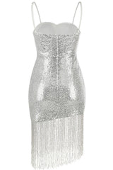 Swingy Fringe Sweetheart Spaghetti Strap Sequin Mini Dress - Silver