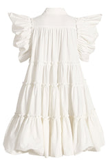 Swingy Puff Sleeve Ruched Ruffle Babydoll Shirt Mini Dress - White