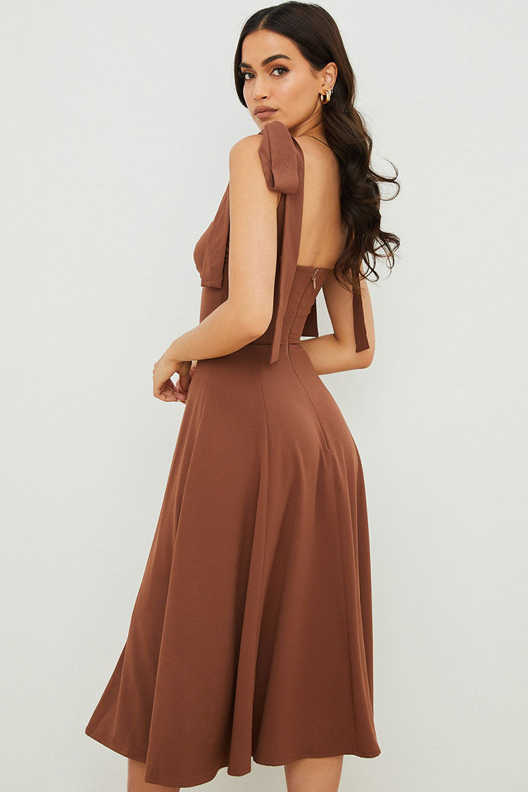 Tie Strap Fit & Flare High Slit Slip Midi Dress - Chocolate