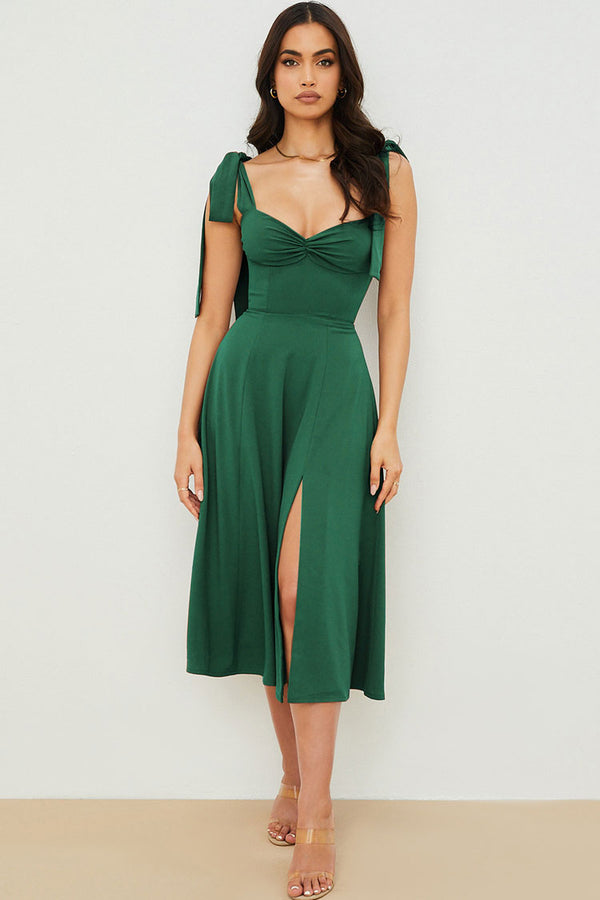 Tie Strap Fit & Flare High Slit Slip Midi Dress - Emerald Green – Rosedress