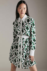 Trendy Geometric Print Long Sleeve Shirt Mini Dress - Green