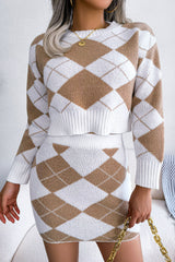 Two Tone Argyle Knit Cropped Sweater Mini Skirt Two Piece Dress - Khaki