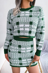 Two Tone Plaid Knitted Cropped Sweater Mini Skirt Two Piece Dress - Green