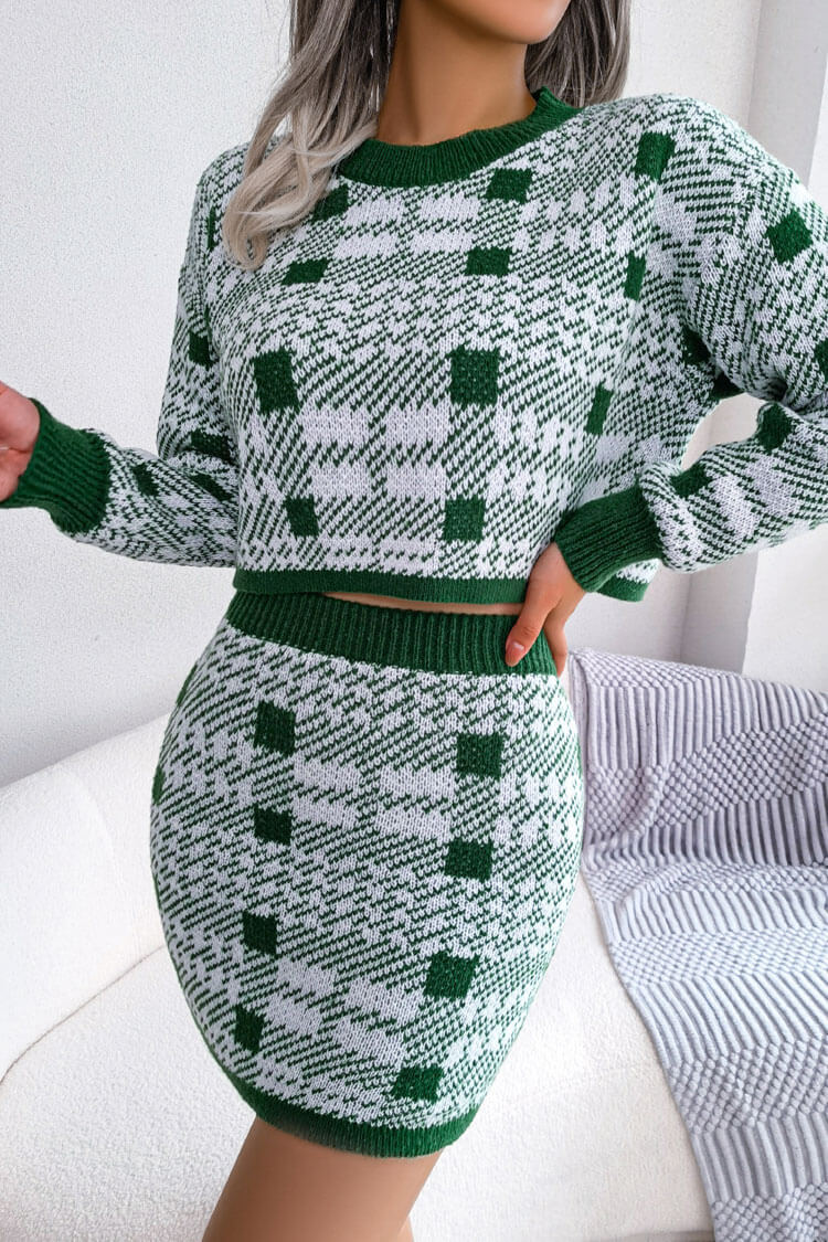 Two Tone Plaid Knitted Cropped Sweater Mini Skirt Two Piece Dress - Green