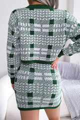 Two Tone Plaid Knitted Cropped Sweater Mini Skirt Two Piece Dress - Green