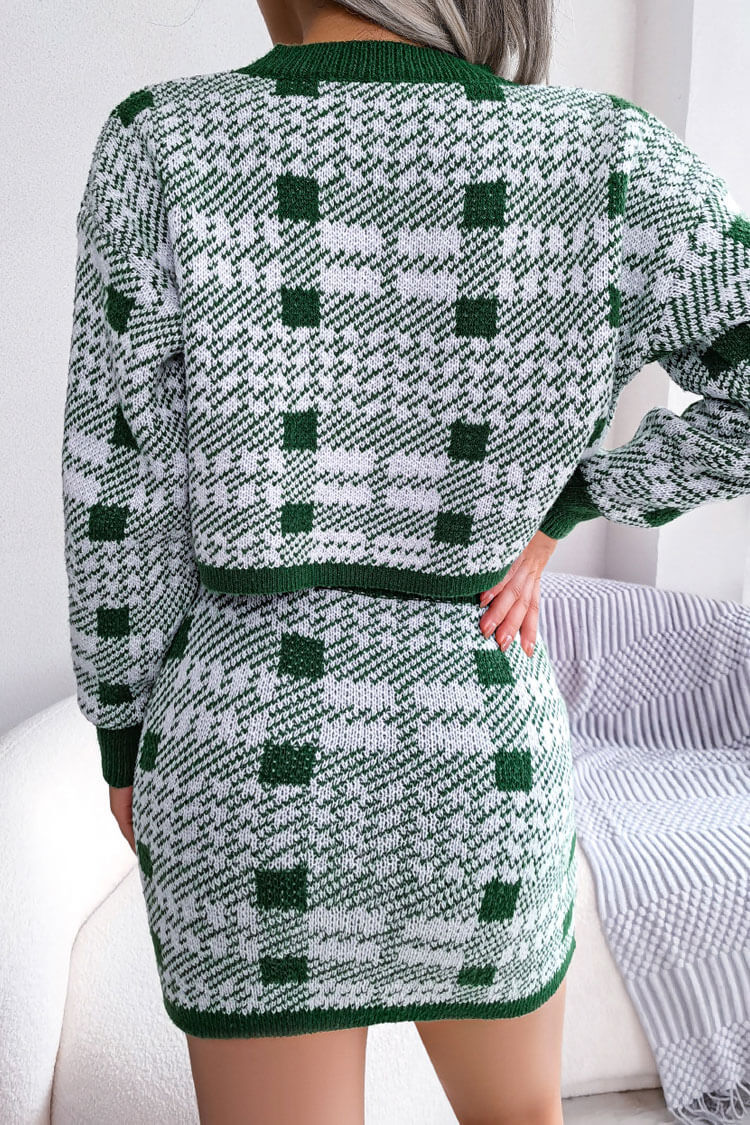 Two Tone Plaid Knitted Cropped Sweater Mini Skirt Two Piece Dress - Green