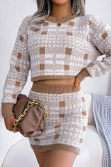 Two Tone Plaid Knitted Cropped Sweater Mini Skirt Two Piece Dress - Khaki