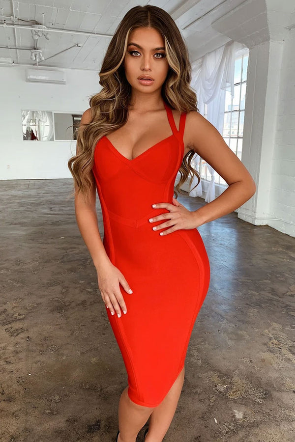 Unique Halter Bandage Bodycon Midi Cocktail Party Dress - Red