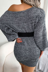 Vintage Boat Neck Long Sleeve Marled Knit Sweater Mini Dress - Black