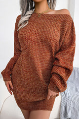 Vintage Boat Neck Long Sleeve Marled Knit Sweater Mini Dress - Coffee
