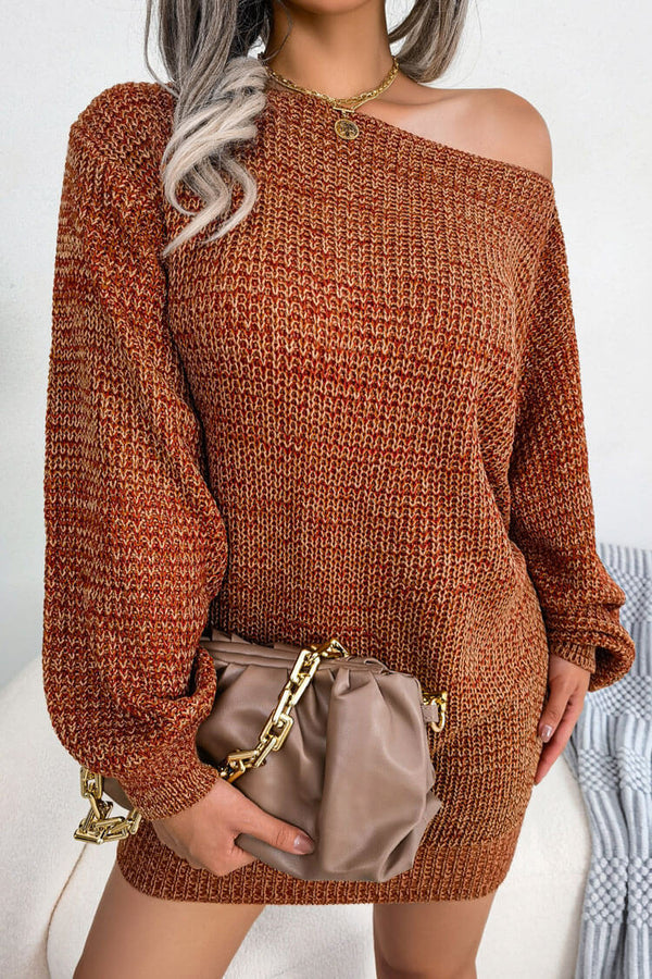 Vintage Boat Neck Long Sleeve Marled Knit Sweater Mini Dress - Coffee