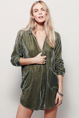 Vintage Collared V Neck Long Sleeve Velvet Mini Dress - Green