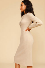 Vintage Cutout Long Sleeve Winter Pullover Sweater Midi Dress - Beige