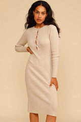 Vintage Cutout Long Sleeve Winter Pullover Sweater Midi Dress - Beige