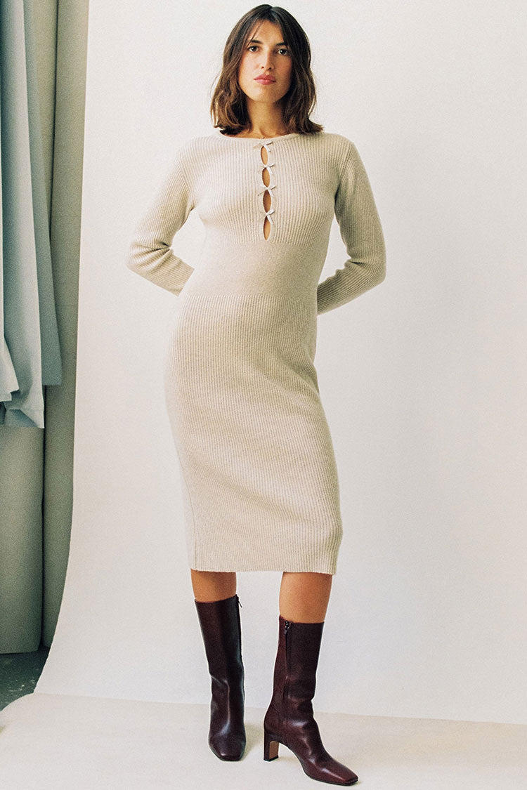 Vintage Cutout Long Sleeve Winter Pullover Sweater Midi Dress - Beige