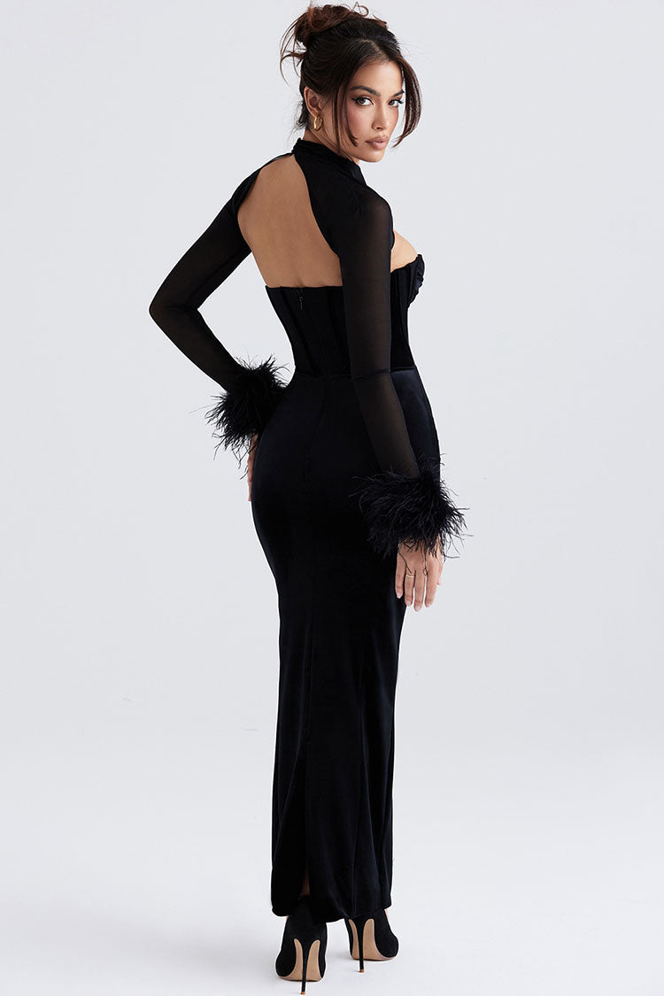 Vintage Feather Sleeve Strapless Corset Velvet Formal Maxi Dress - Black