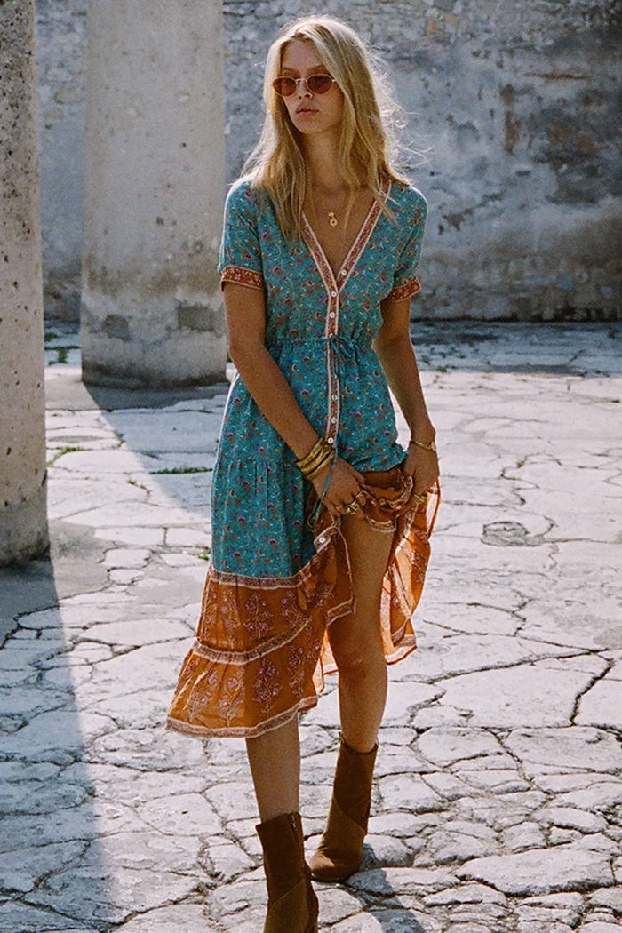 Vintage Floral Print Empire Waist Boho Chic Dress Teal Blue Rosedress
