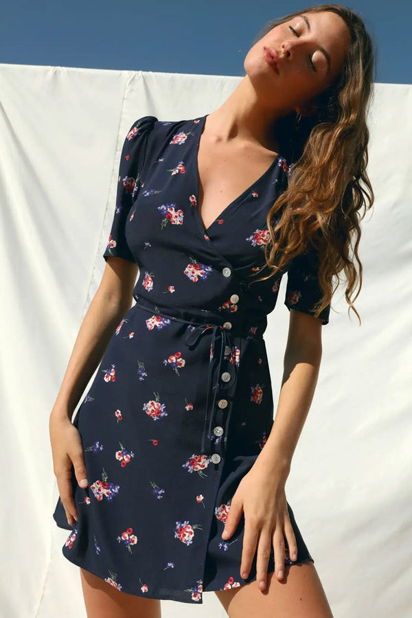 Vintage Floral Printed Puff Sleeve French Wrap Mini Dress - Navy Blue