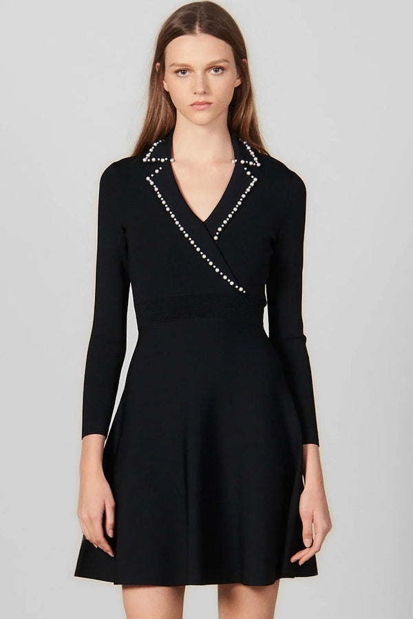 Vintage Pearl Lapel Long Sleeve Fit & Flare Sweater Mini Dress - Black