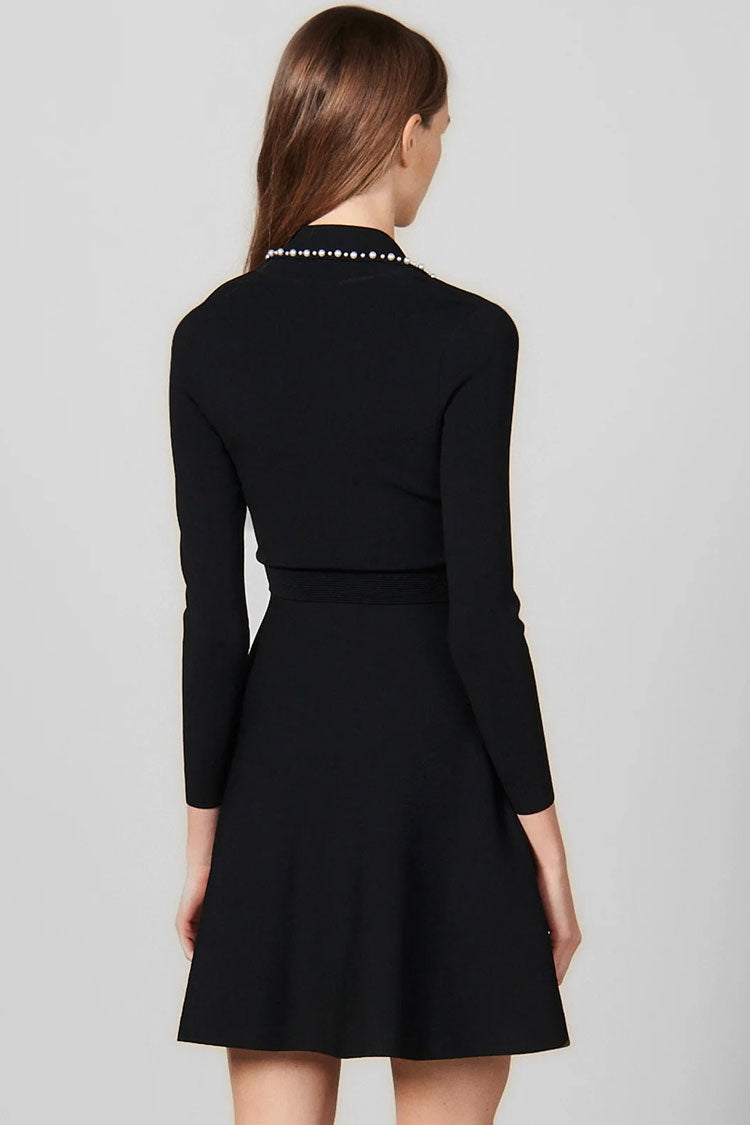 Vintage Pearl Lapel Long Sleeve Fit & Flare Sweater Mini Dress - Black