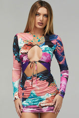 Vintage Printed Long Sleeve Bodycon Ruched Cutout Mini Dress - Multicolor