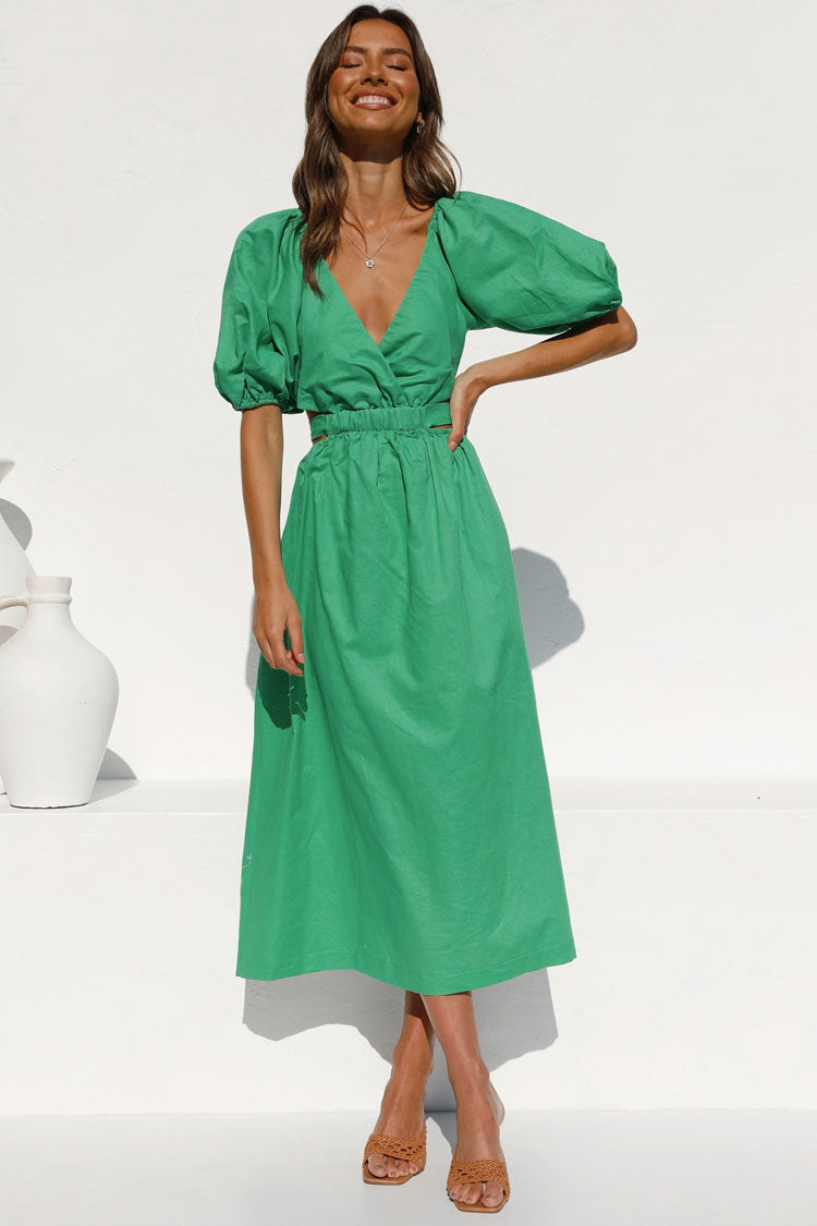Vintage Puff Sleeve Deep V Cutout Beach Vacation Midi Dress Green
