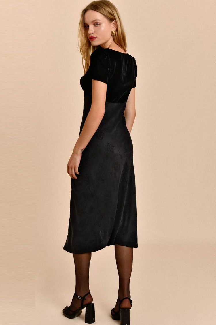 Vintage Rose Embroidered Puff Sleeve Bicolor Velvet Midi Dress - Black