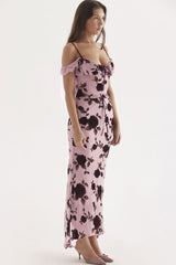Vintage Ruffle Lace Trim Mesh High Waist Two Piece Maxi Dress - Floral