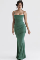 Vintage Square Neck Ruched Corset Fishtail Evening Maxi Dress - Green