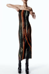 Vintage Style Abstract Printed Summer Strapless Mesh Maxi Dress - Brown