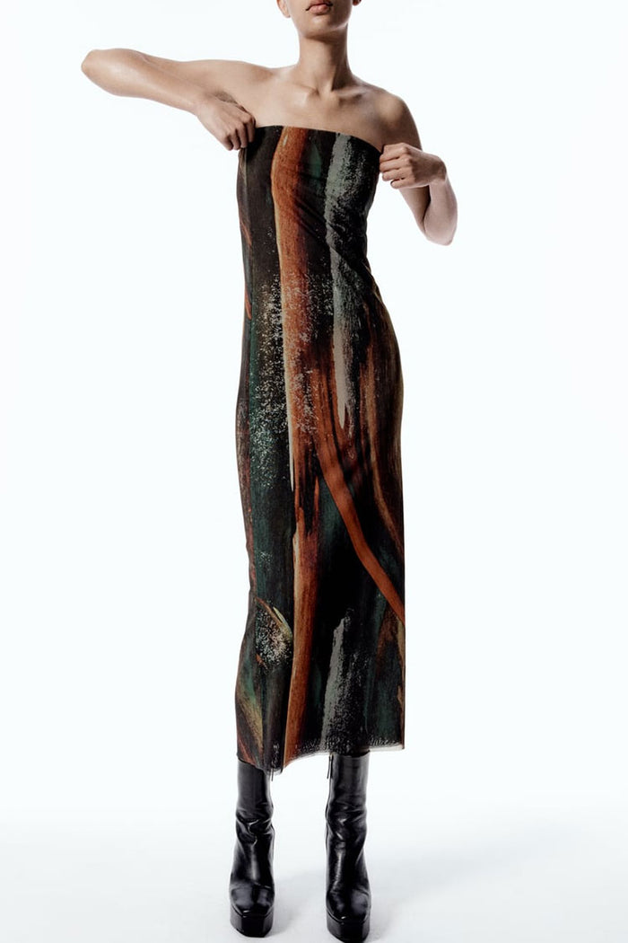 Vintage Style Abstract Printed Summer Strapless Mesh Maxi