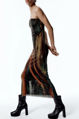 Vintage Style Abstract Printed Summer Strapless Mesh Maxi Dress - Brown