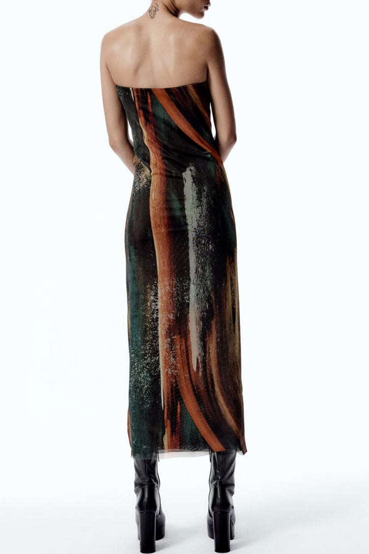 Vintage Style Abstract Printed Summer Strapless Mesh Maxi Dress - Brown