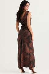 Vintage Tie Dye Cowl Neck High Split Satin Evening Maxi Dress - Brown