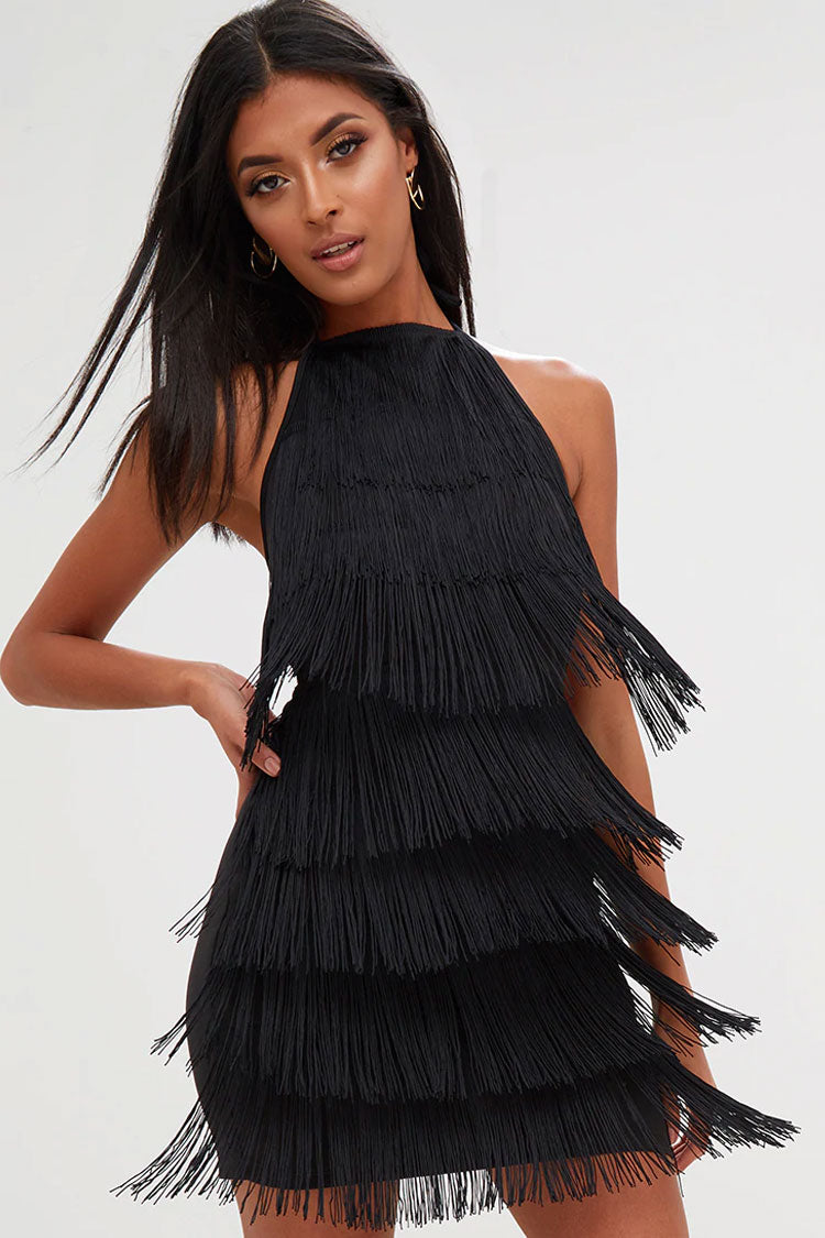 Vintage Tiered Fringe Bodycon Halter Mini Flapper Dress - Black