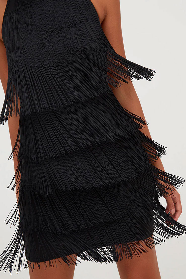 Vintage Tiered Fringe Bodycon Halter Mini Flapper Dress - Black