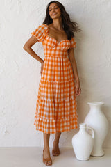 Vintage V Neck Puff Sleeve Backless Plaid Midi Dress - Orange