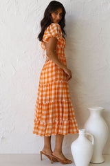Vintage V Neck Puff Sleeve Backless Plaid Midi Dress - Orange