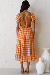 Vintage V Neck Puff Sleeve Backless Plaid Midi Dress - Orange