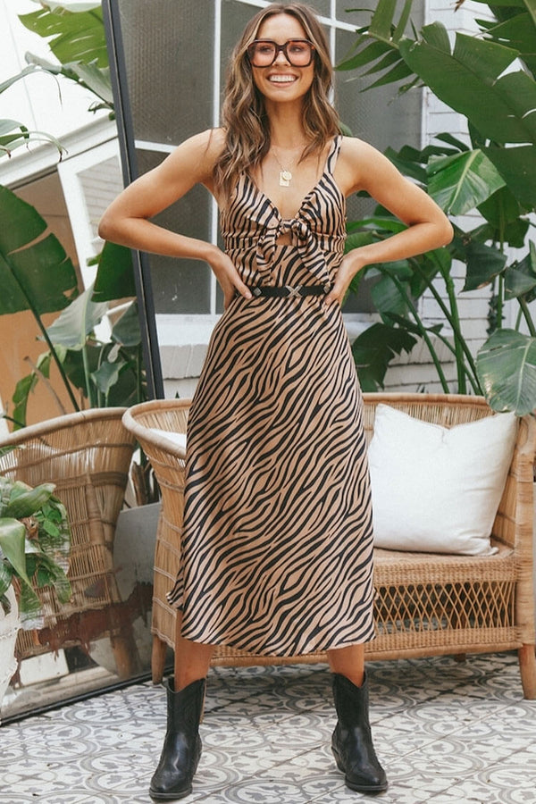 Vintage Zebra Print Bow Tie Satin Slip Midi Dress - Coffee