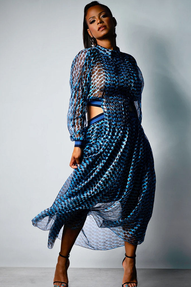 Wave Print Cutout Long Sleeve High Neck Pleated Maxi Dress - Blue